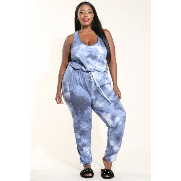 1x-3x NEW PLUS BLUE TIE DYE JUMPSUIT - Picture 6 of 8